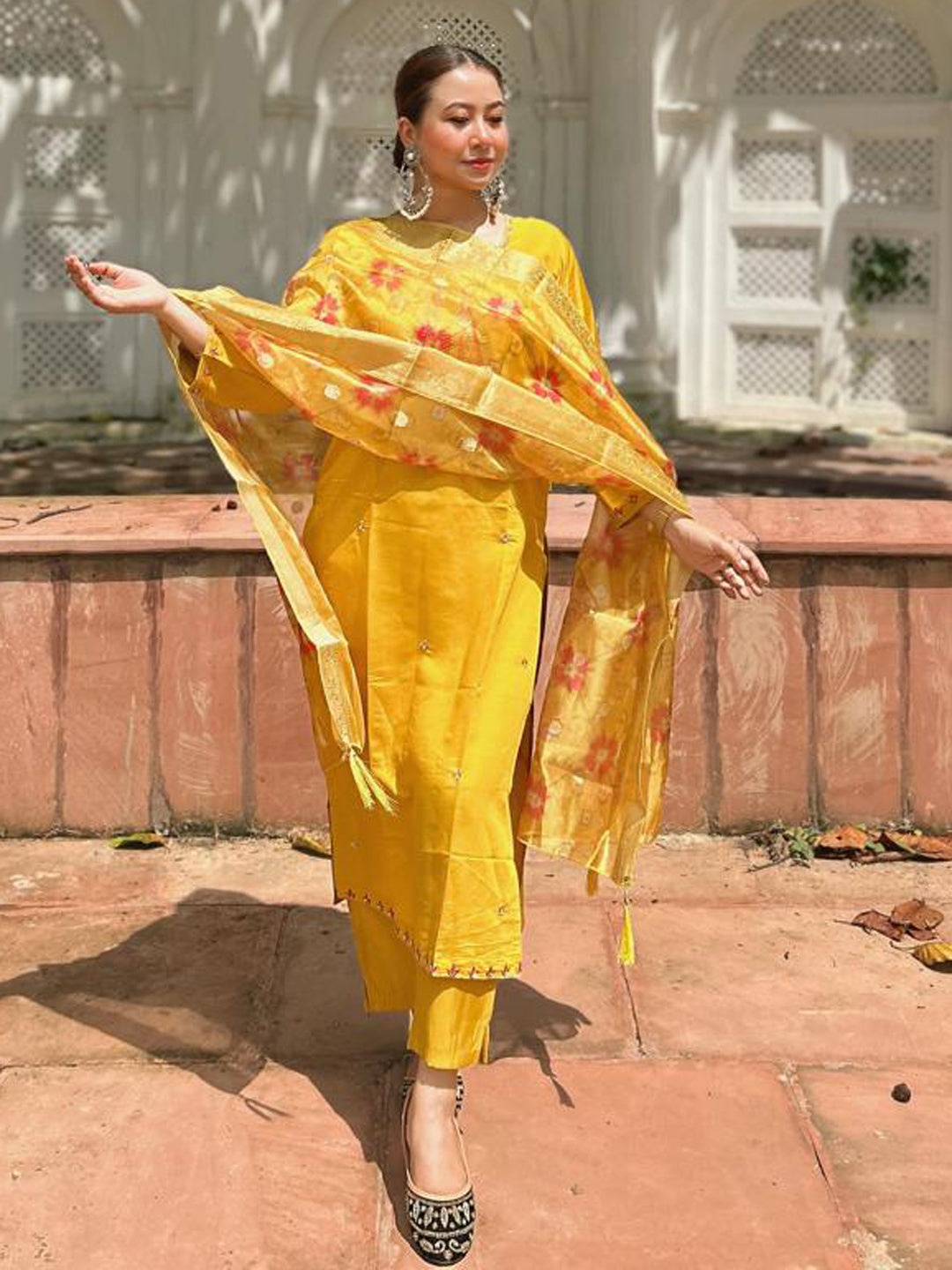 Akshara  Yellow Silk Blend Kurta Set with Beaded Embroidered Design & Organza Dupatta