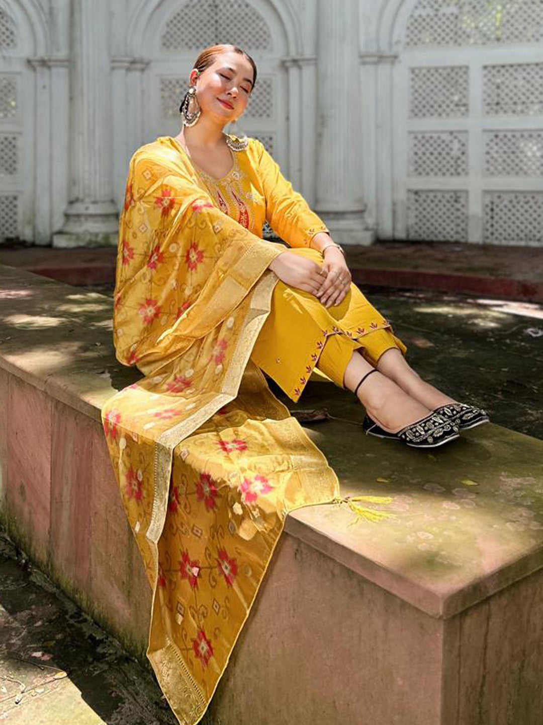 Akshara  Yellow Silk Blend Kurta Set with Beaded Embroidered Design & Organza Dupatta