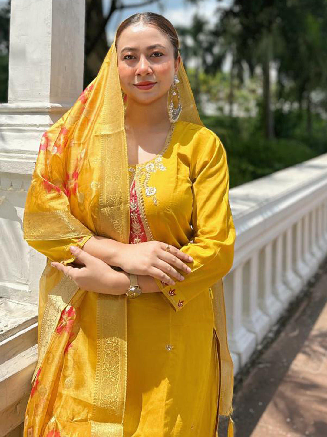 Akshara  Yellow Silk Blend Kurta Set with Beaded Embroidered Design & Organza Dupatta