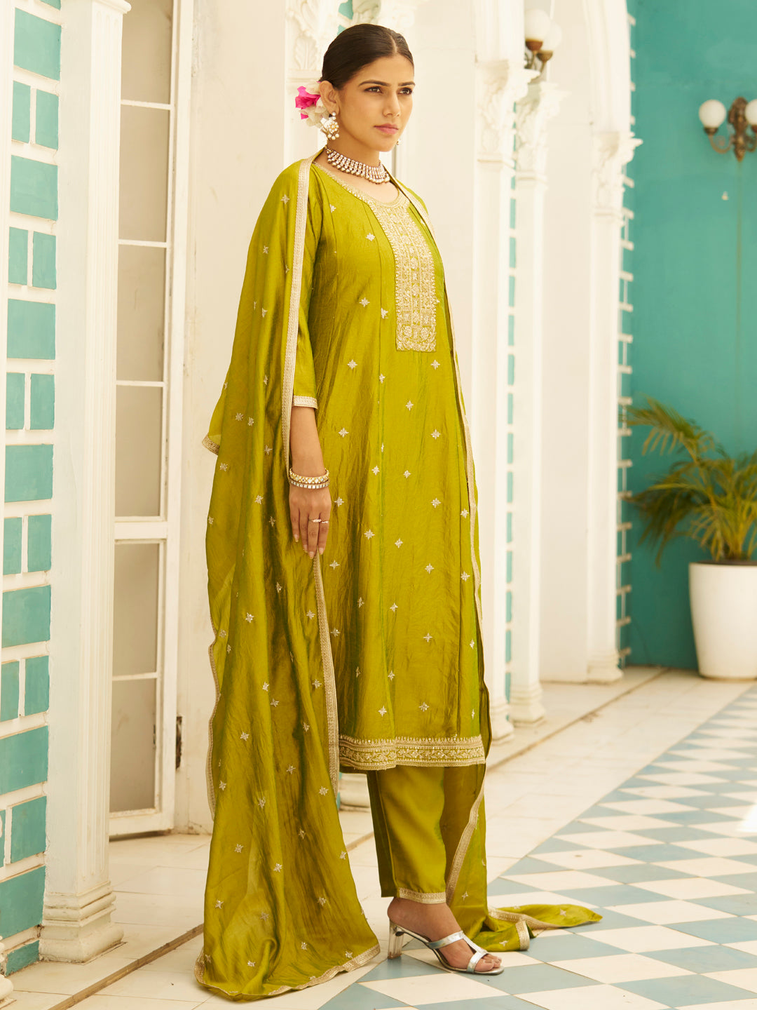 Ziva Women Anarkali Kurta and Pant Dupatta Sets Silk Blend Fabric with Embroidery