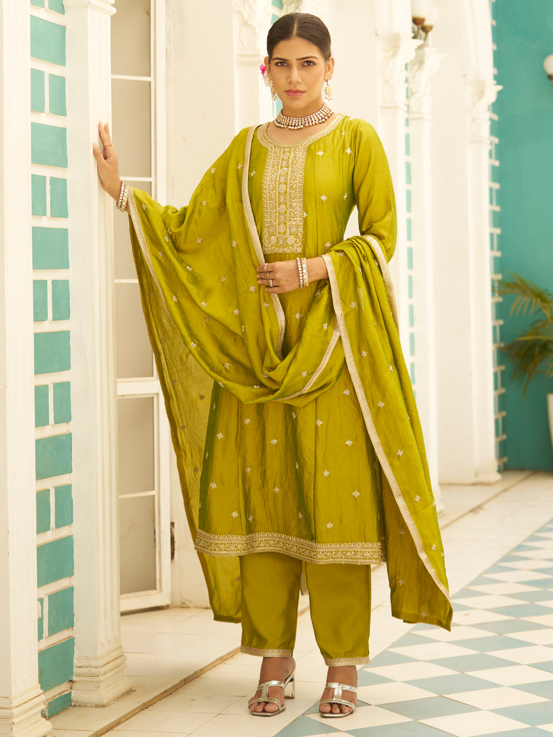 Ziva Women Anarkali Kurta and Pant Dupatta Sets Silk Blend Fabric with Embroidery