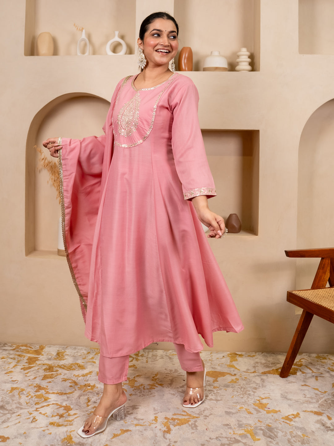 Mohar pink Anarkali Kurta and Pant Dupatta Set