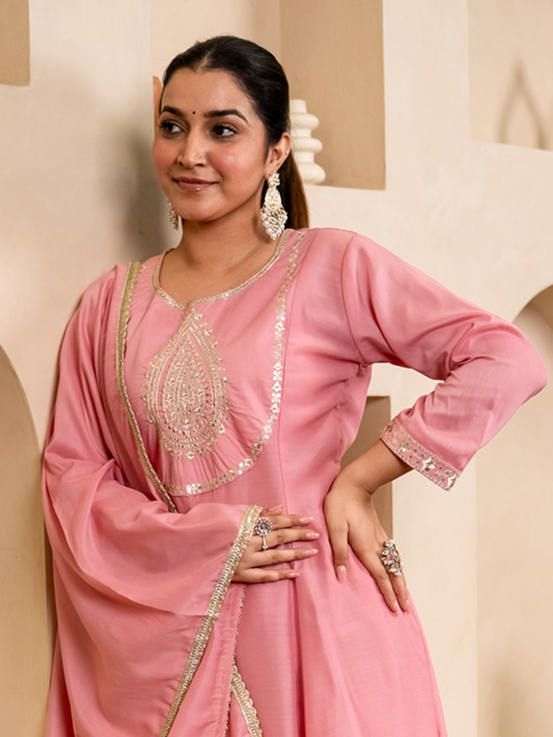 Mohar pink Anarkali Kurta and Pant Dupatta Set