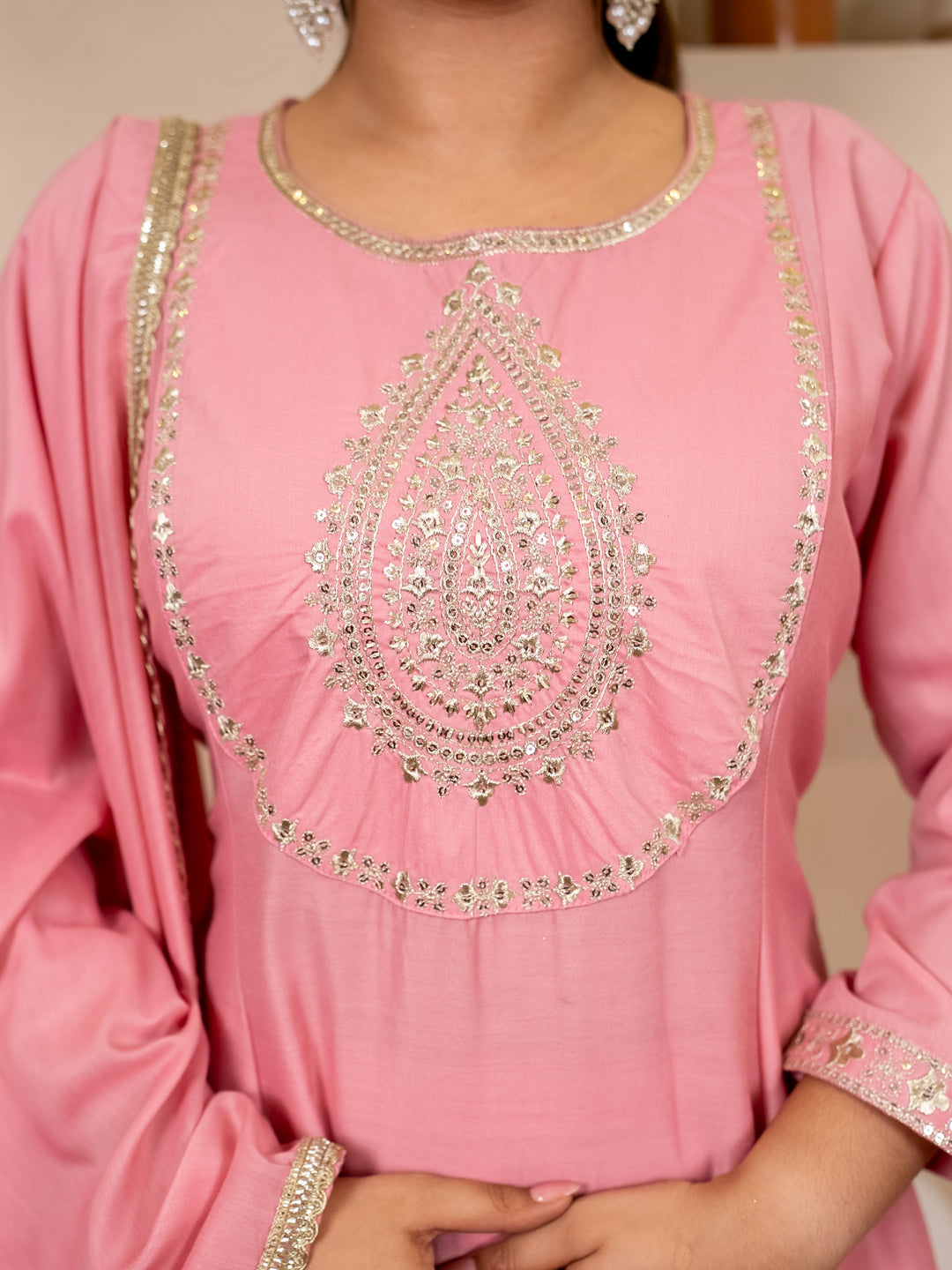Mohar pink Anarkali Kurta and Pant Dupatta Set