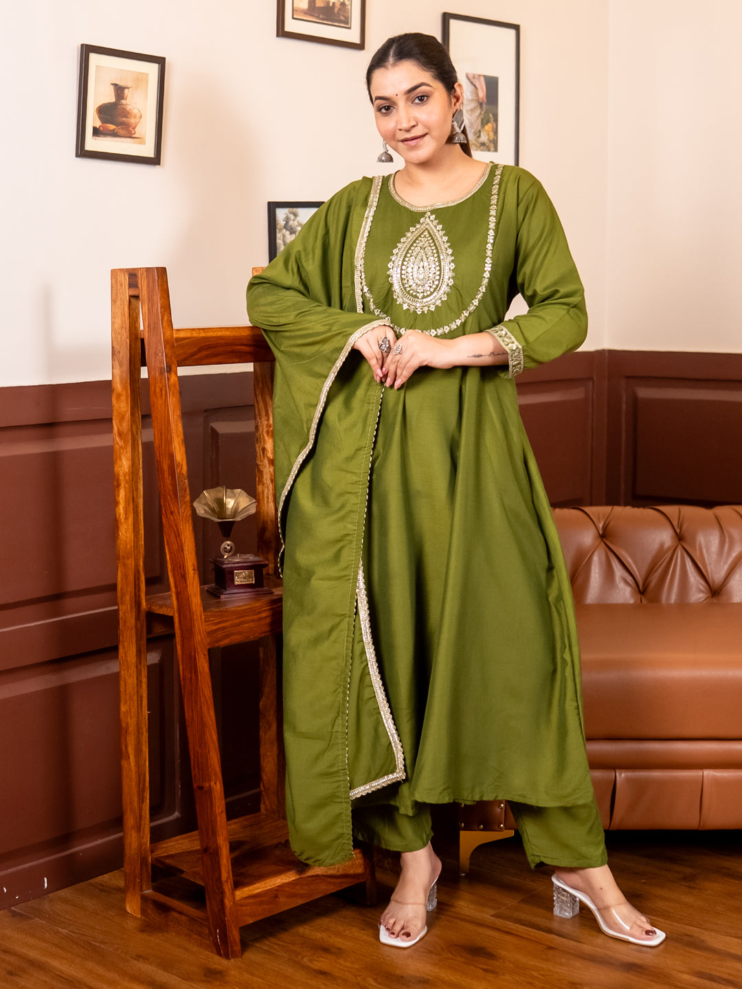 Mohar mehndi Anarkali Kurta and Pant Dupatta Set