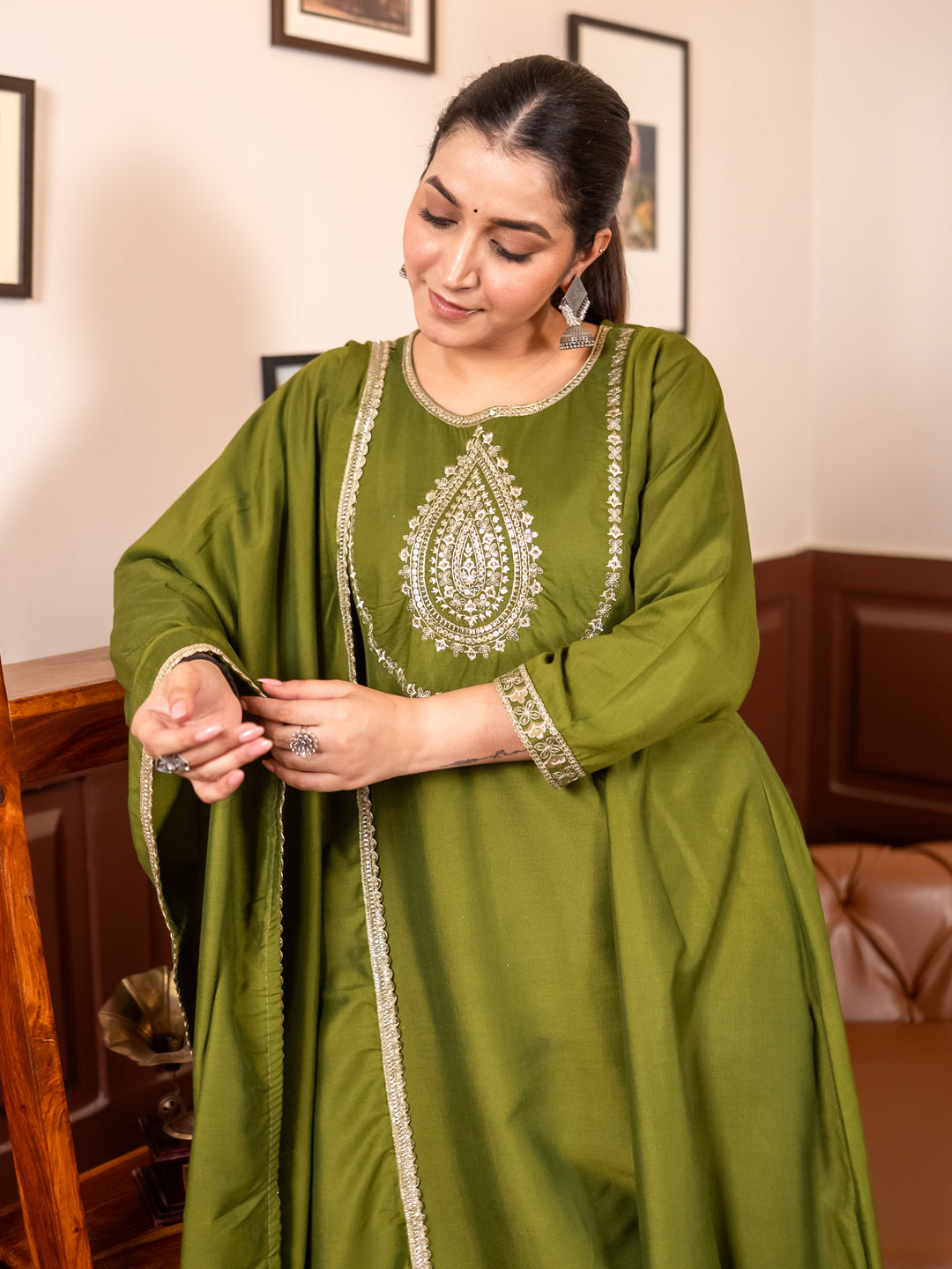 Mohar mehndi Anarkali Kurta and Pant Dupatta Set