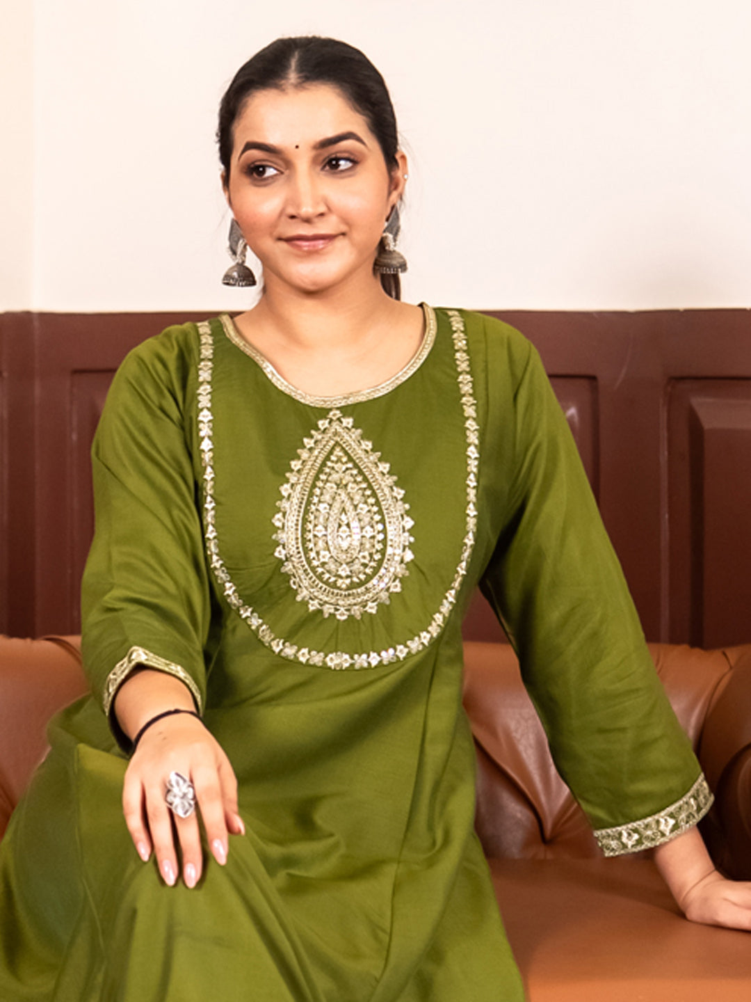 Mohar mehndi Anarkali Kurta and Pant Dupatta Set
