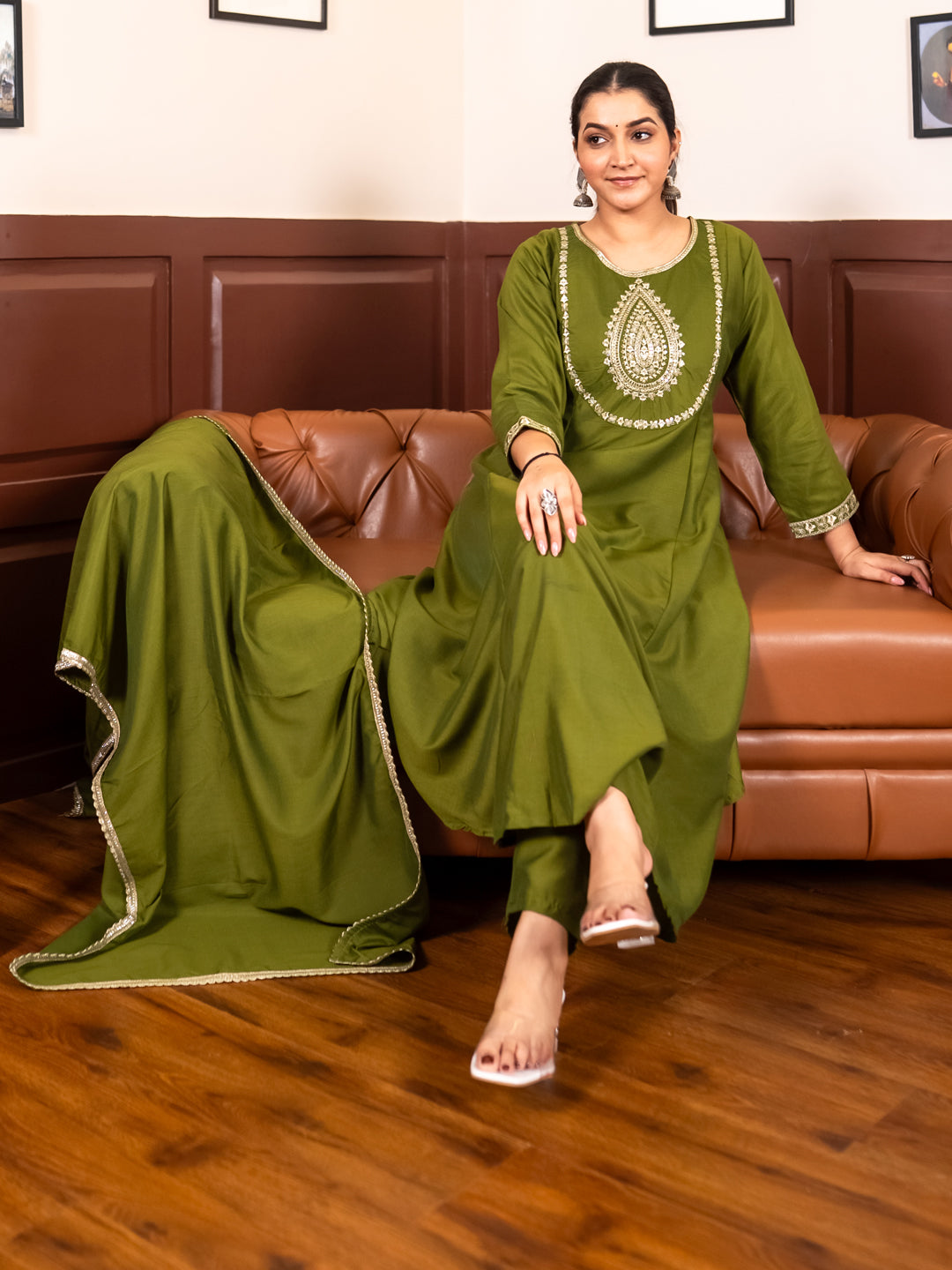 Mohar mehndi Anarkali Kurta and Pant Dupatta Set