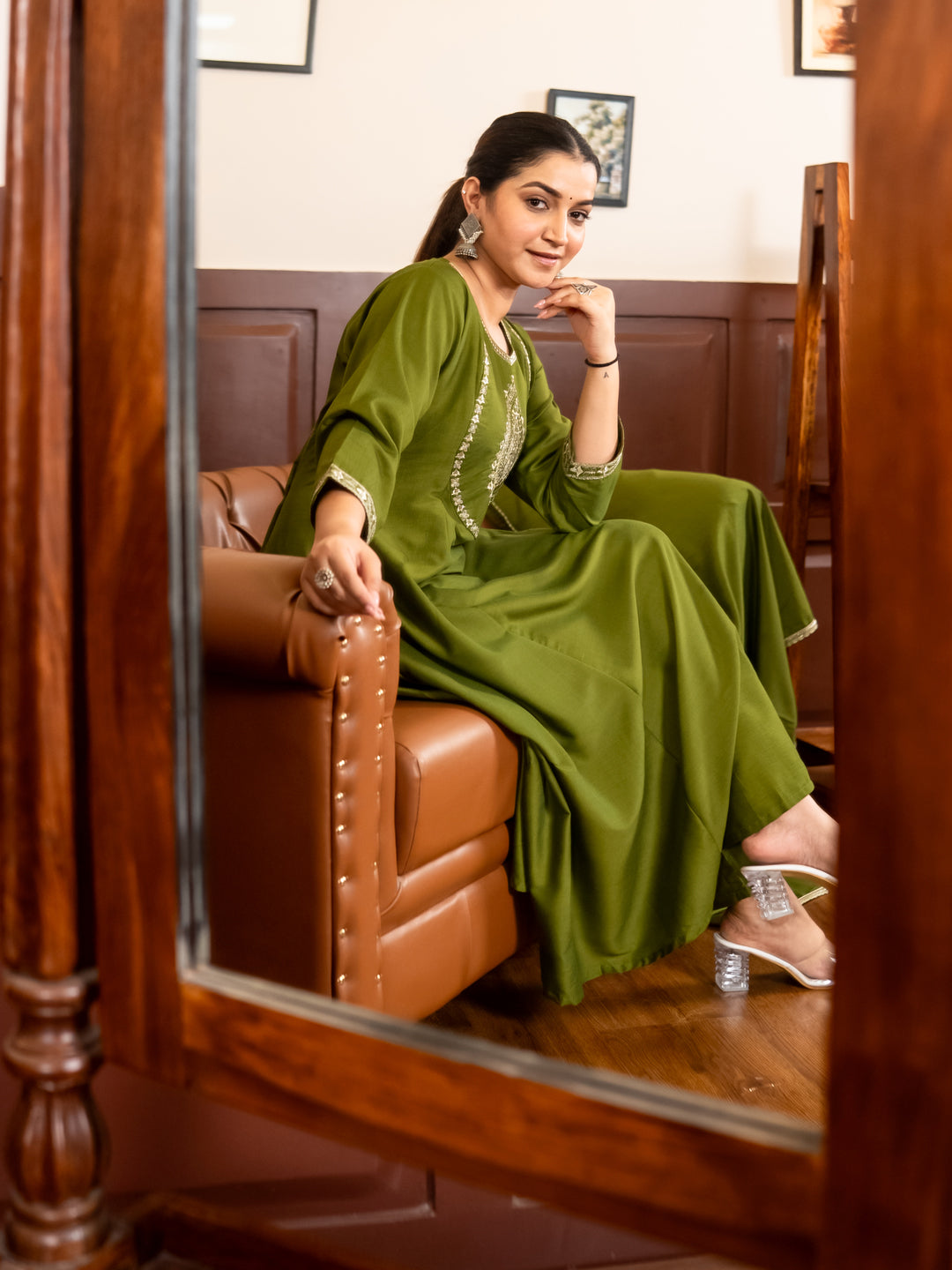 Mohar mehndi Anarkali Kurta and Pant Dupatta Set