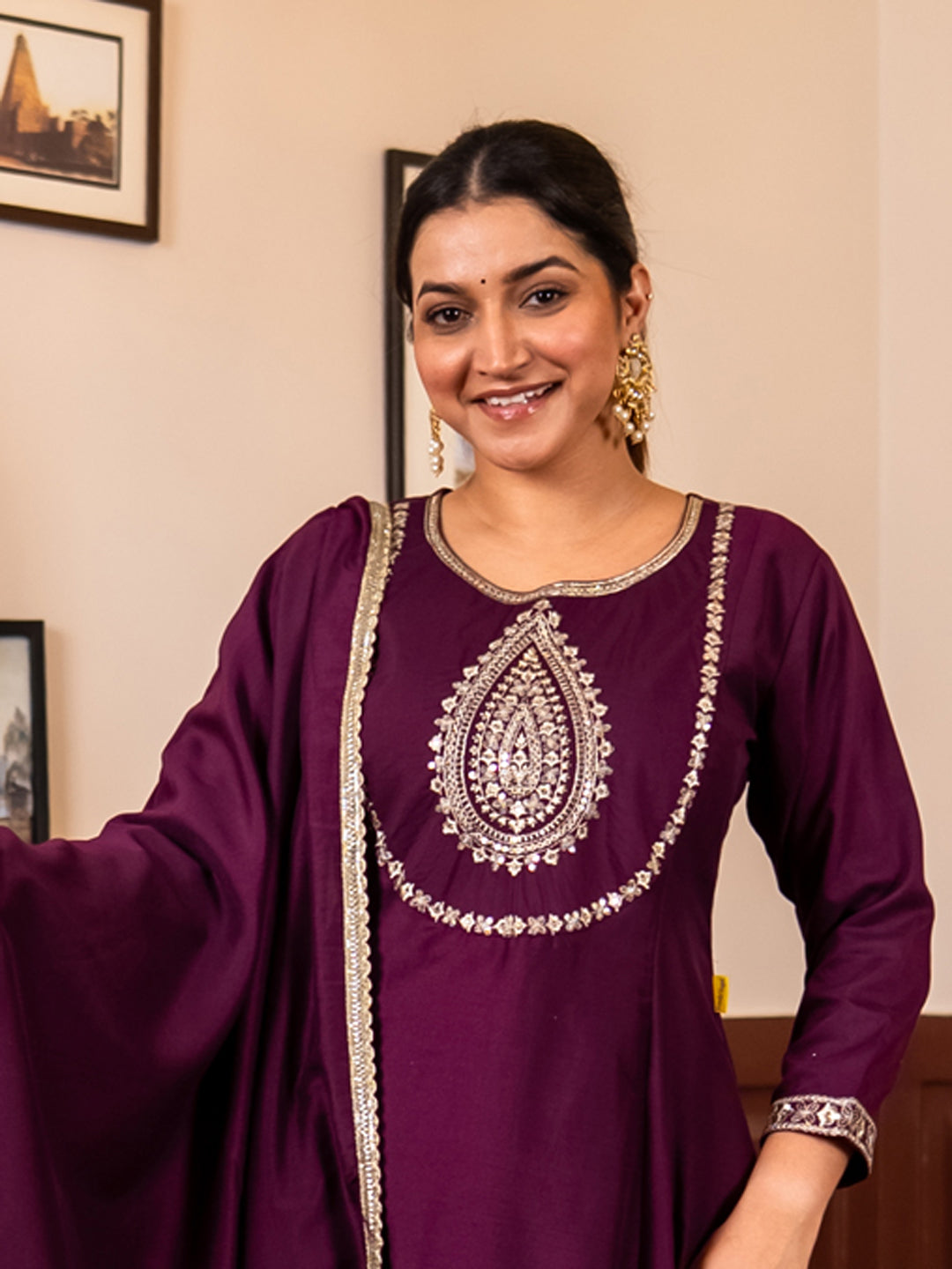 Mohar purple Anarkali Kurta and Pant Dupatta Set