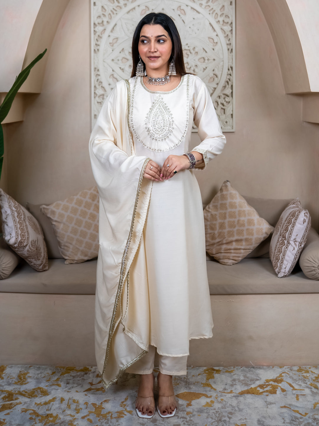 Mohar cream Anarkali Kurta and Pant Dupatta Set