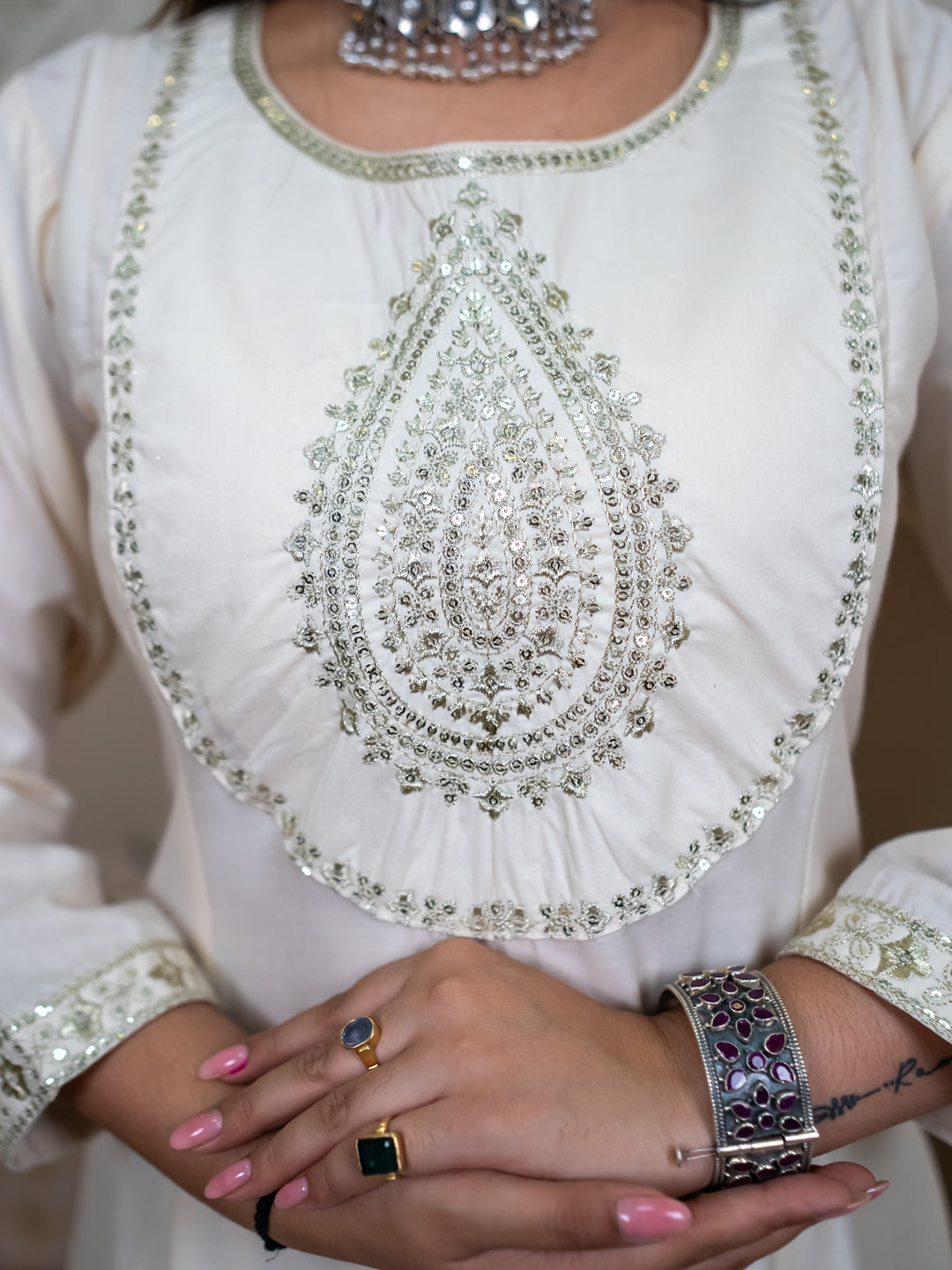 Mohar cream Anarkali Kurta and Pant Dupatta Set