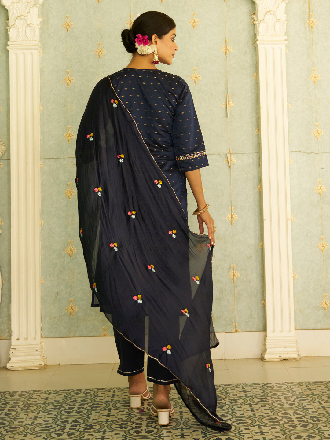 Myra Blue Embroidered Chanderi Silk Kurta Set with Embroidered Dupatta