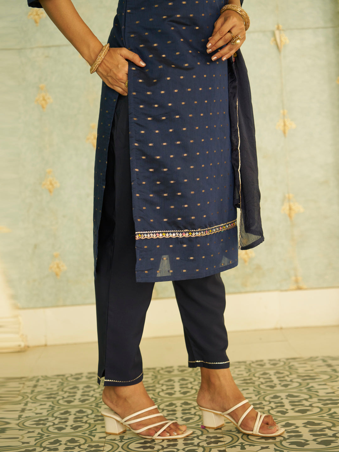 Myra Blue Embroidered Chanderi Silk Kurta Set with Embroidered Dupatta