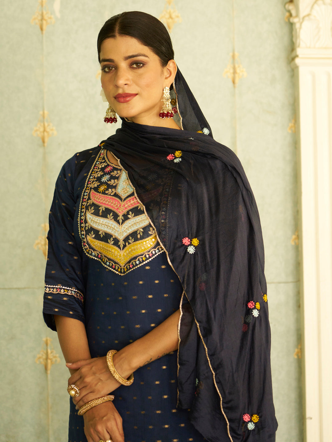 Myra Blue Embroidered Chanderi Silk Kurta Set with Embroidered Dupatta