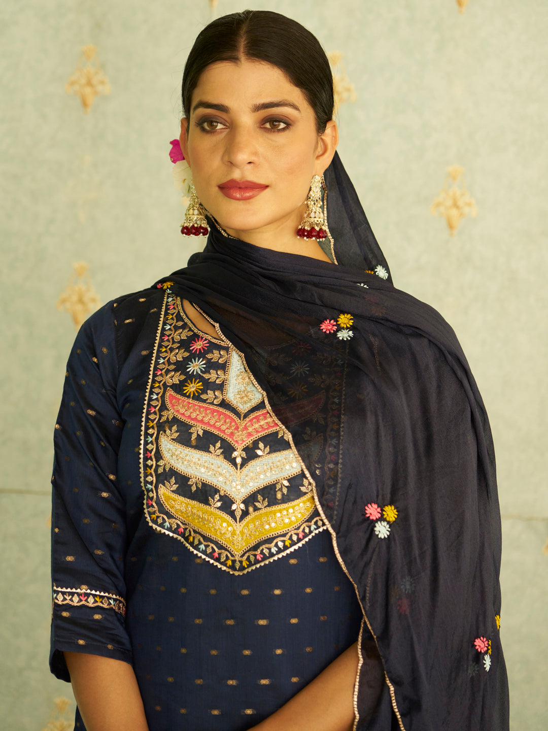 Myra Blue Embroidered Chanderi Silk Kurta Set with Embroidered Dupatta