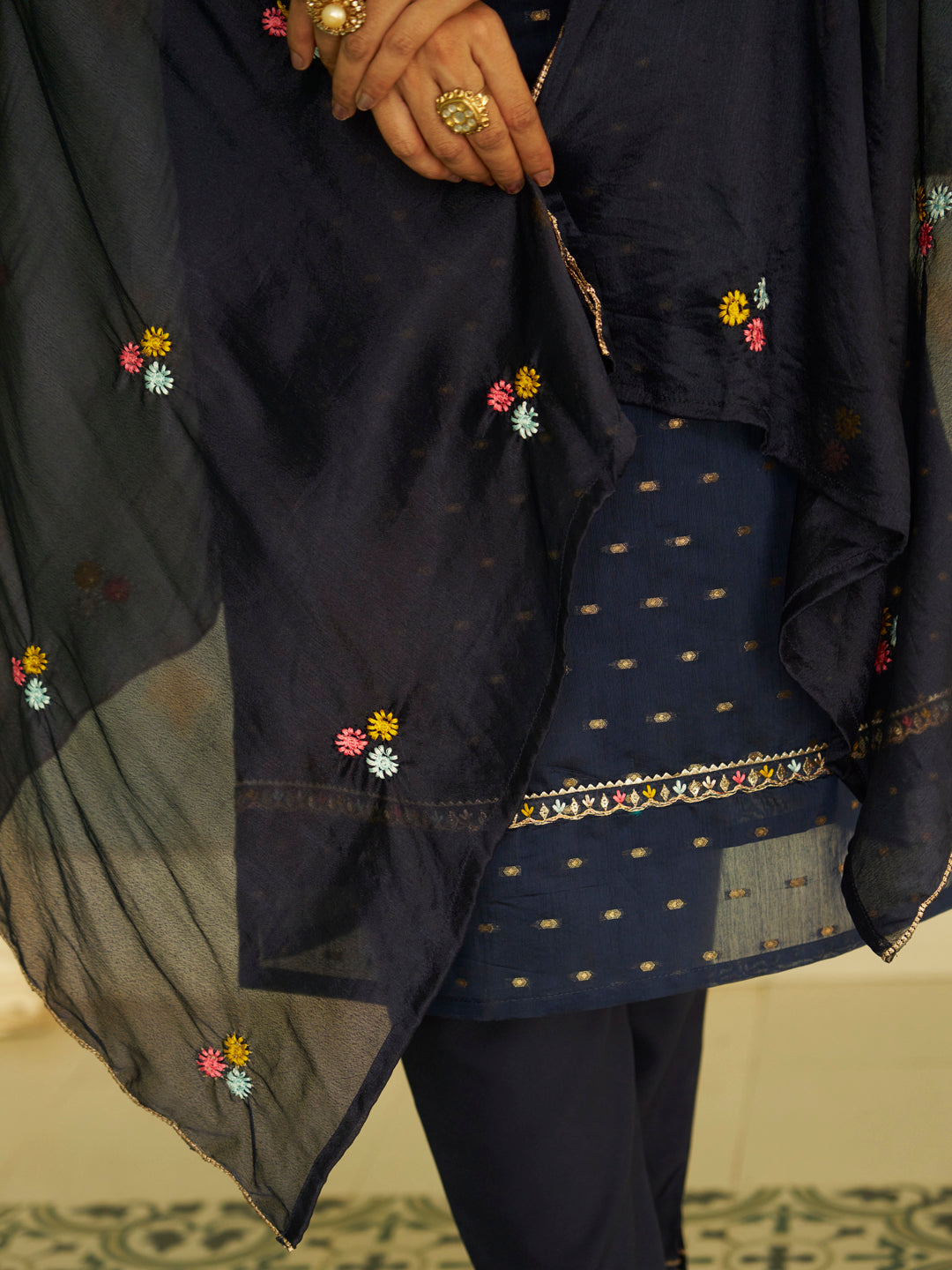 Myra Blue Embroidered Chanderi Silk Kurta Set with Embroidered Dupatta