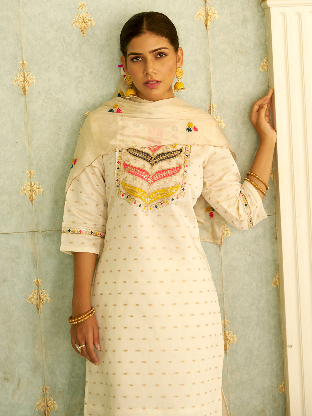 Myra Off White Embroidered Chanderi Silk Kurta Set with Embroidered Dupatta