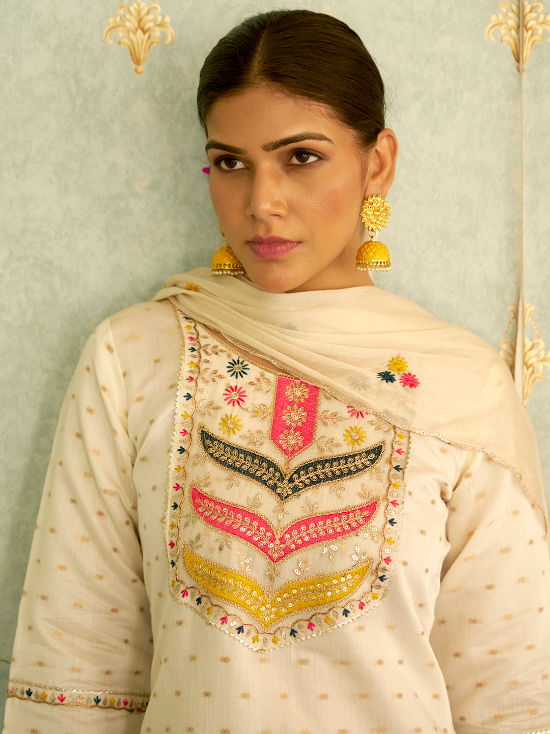 Myra Off White Embroidered Chanderi Silk Kurta Set with Embroidered Dupatta