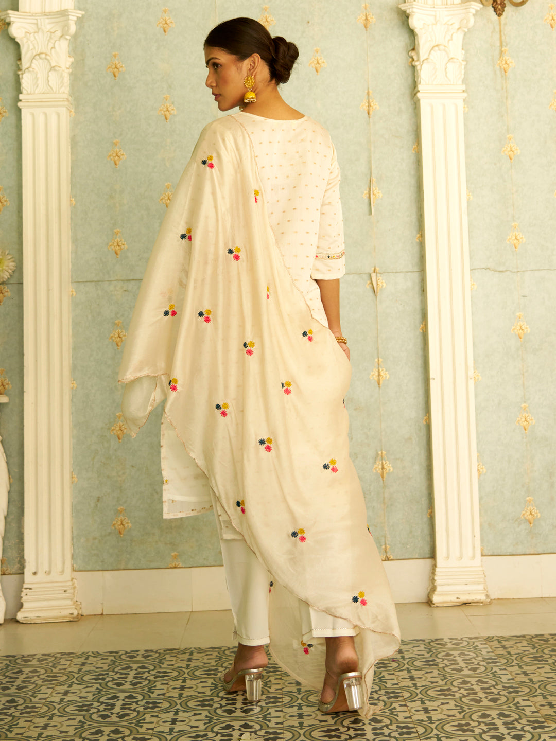 Myra Off White Embroidered Chanderi Silk Kurta Set with Embroidered Dupatta
