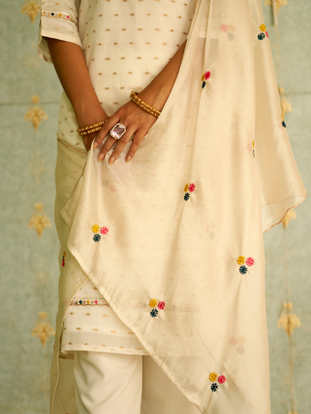 Myra Off White Embroidered Chanderi Silk Kurta Set with Embroidered Dupatta