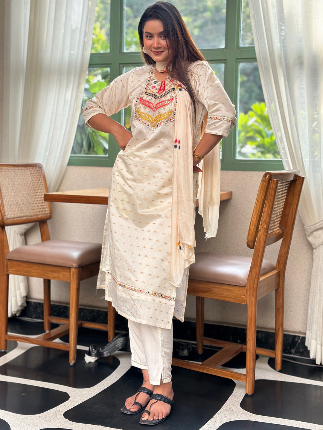 Sangini Off White Embroidered Chanderi Silk Kurta Set with Embroidered Dupatta