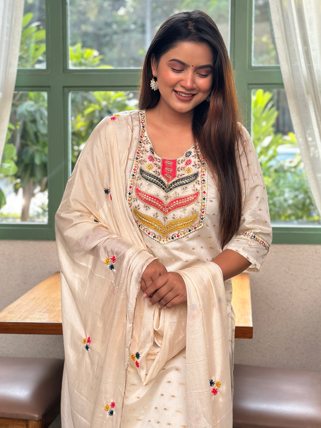 Sangini Off White Embroidered Chanderi Silk Kurta Set with Embroidered Dupatta