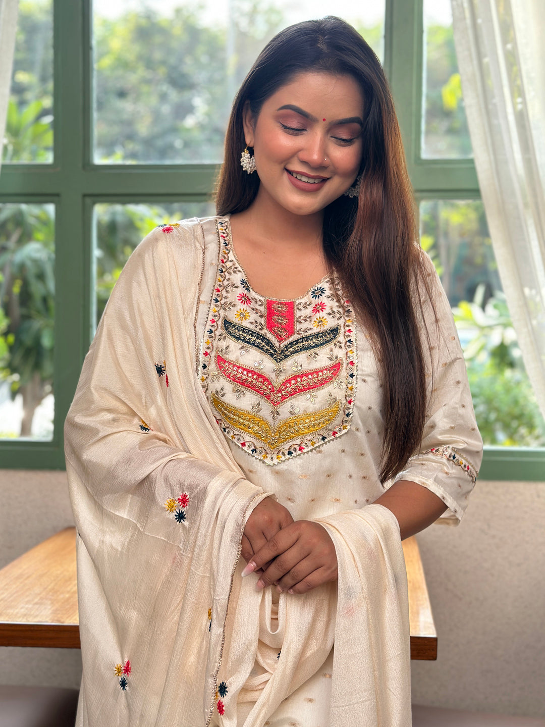 Sangini Off White Embroidered Chanderi Silk Kurta Set with Embroidered Dupatta