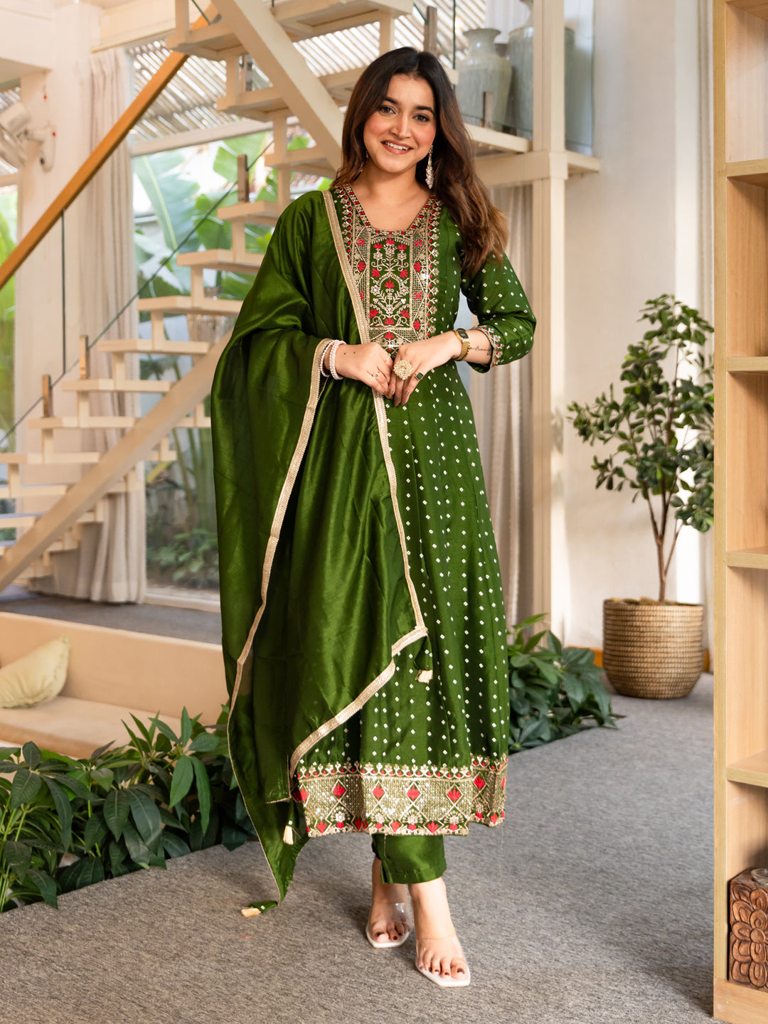 Vinita Silk Blend Anarkali Kurta Set Elegant Readymade Embroidered Fancy Neck Three Quarter Sleeves With Pant Dupatta Set