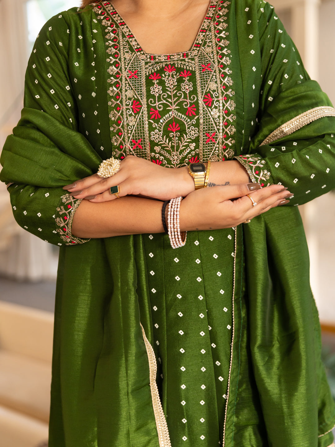 Vinita Silk Blend Anarkali Kurta Set Elegant Readymade Embroidered Fancy Neck Three Quarter Sleeves With Pant Dupatta Set