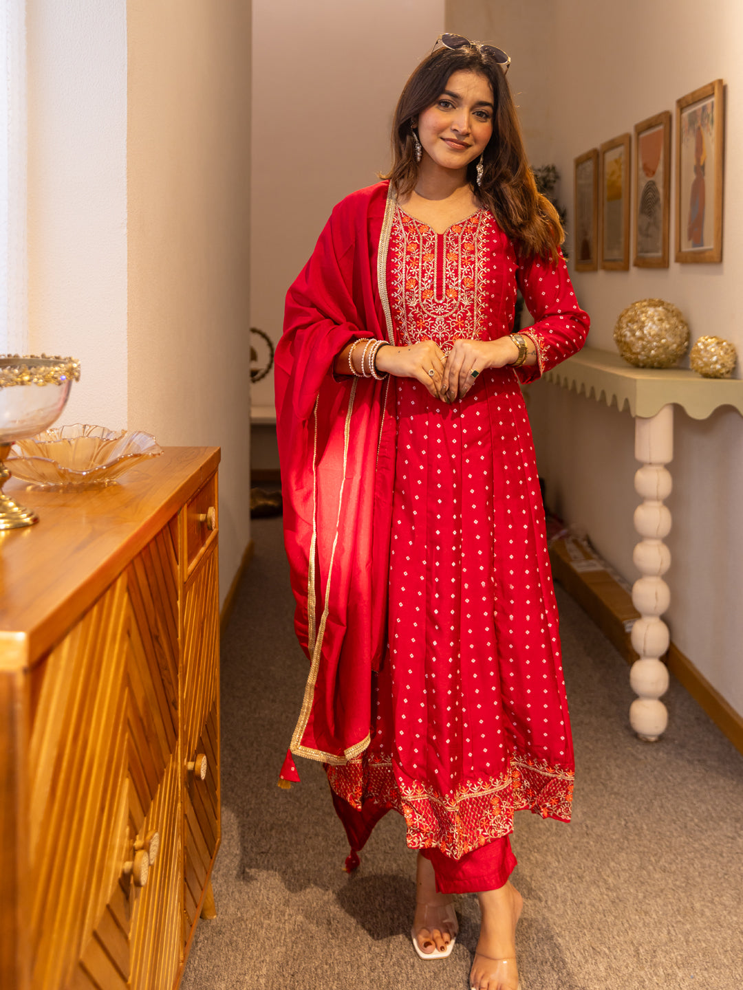 Vinita Silk Blend Anarkali Kurta Set Elegant Readymade Embroidered Fancy Neck Three Quarter Sleeves With Pant Dupatta Set