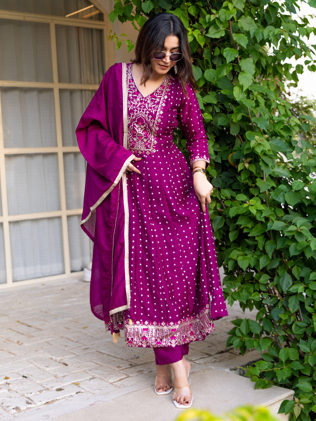 Vinita Silk Blend Anarkali Kurta Set Elegant Readymade Embroidered Fancy Neck Three Quarter Sleeves With Pant Dupatta Set