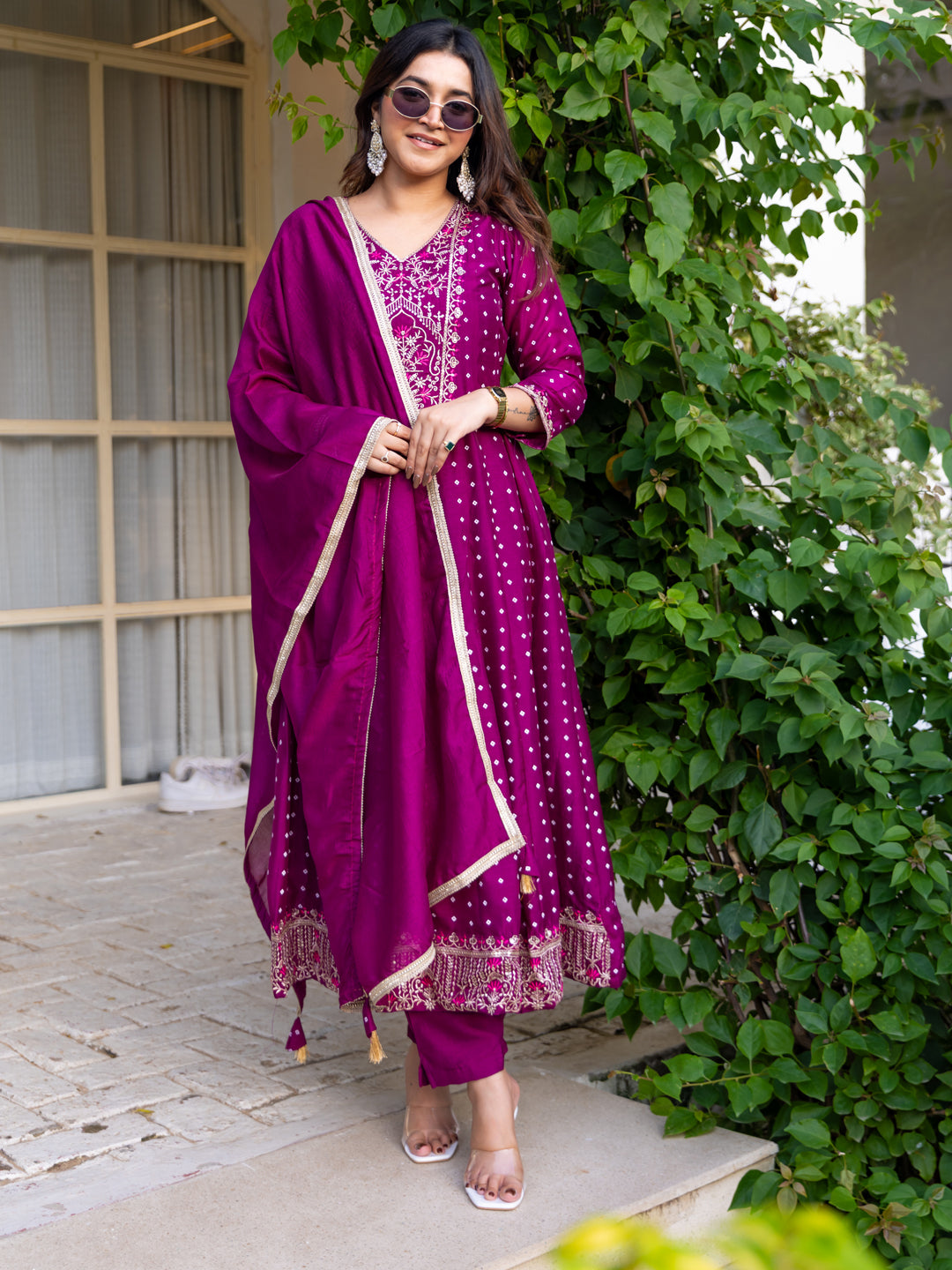 Vinita Silk Blend Anarkali Kurta Set Elegant Readymade Embroidered Fancy Neck Three Quarter Sleeves With Pant Dupatta Set