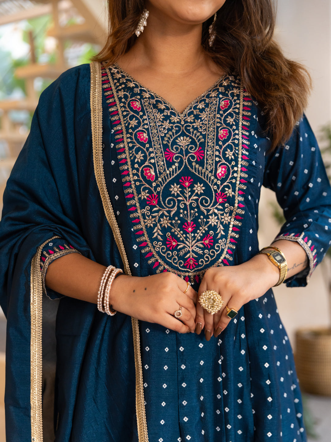 Vinita Silk Blend Anarkali Kurta Set Elegant Readymade Embroidered Fancy Neck Three Quarter Sleeves With Pant Dupatta Set