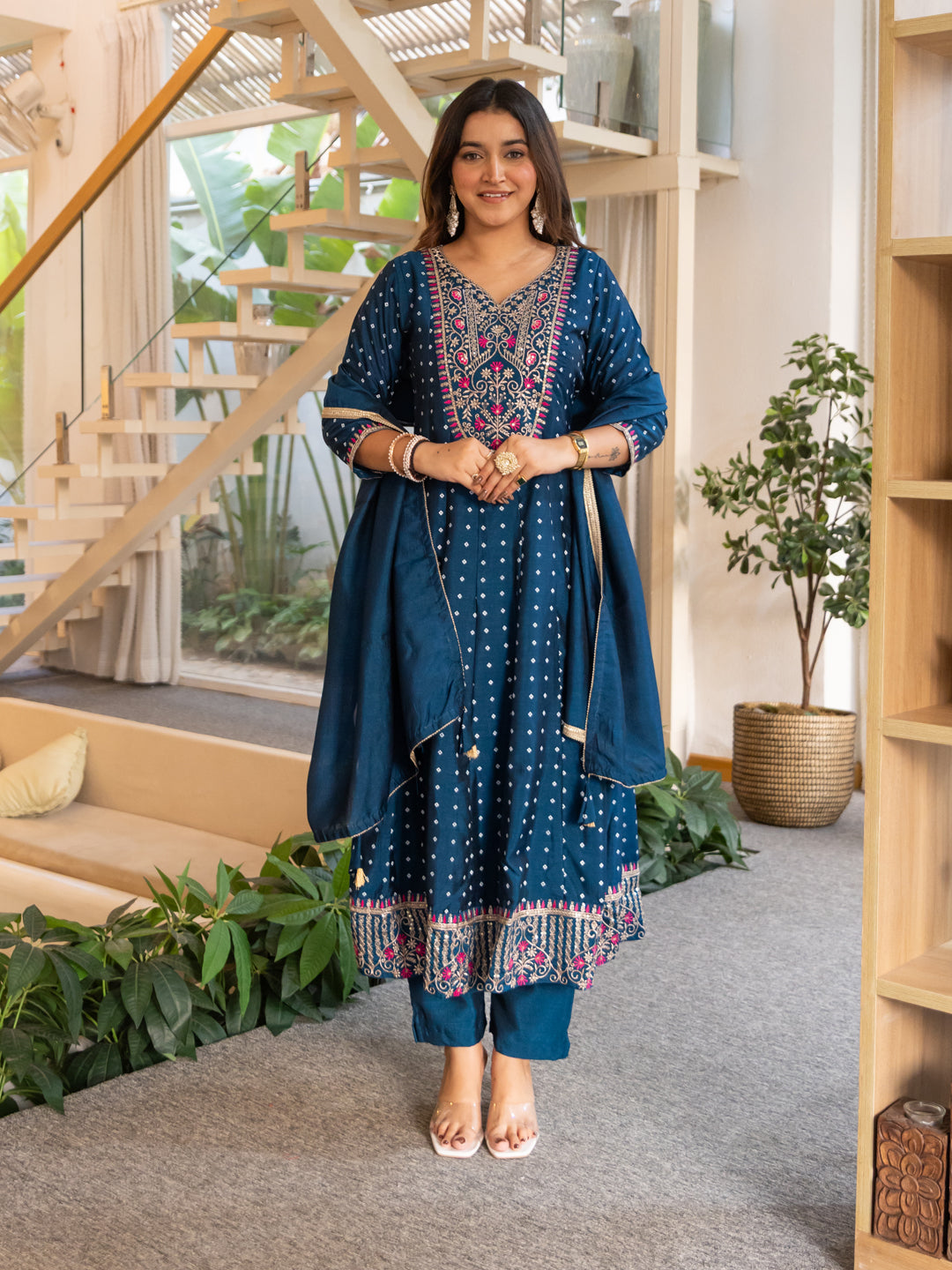 Vinita Silk Blend Anarkali Kurta Set Elegant Readymade Embroidered Fancy Neck Three Quarter Sleeves With Pant Dupatta Set