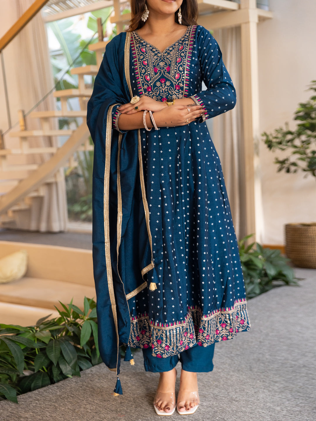 Vinita Silk Blend Anarkali Kurta Set Elegant Readymade Embroidered Fancy Neck Three Quarter Sleeves With Pant Dupatta Set