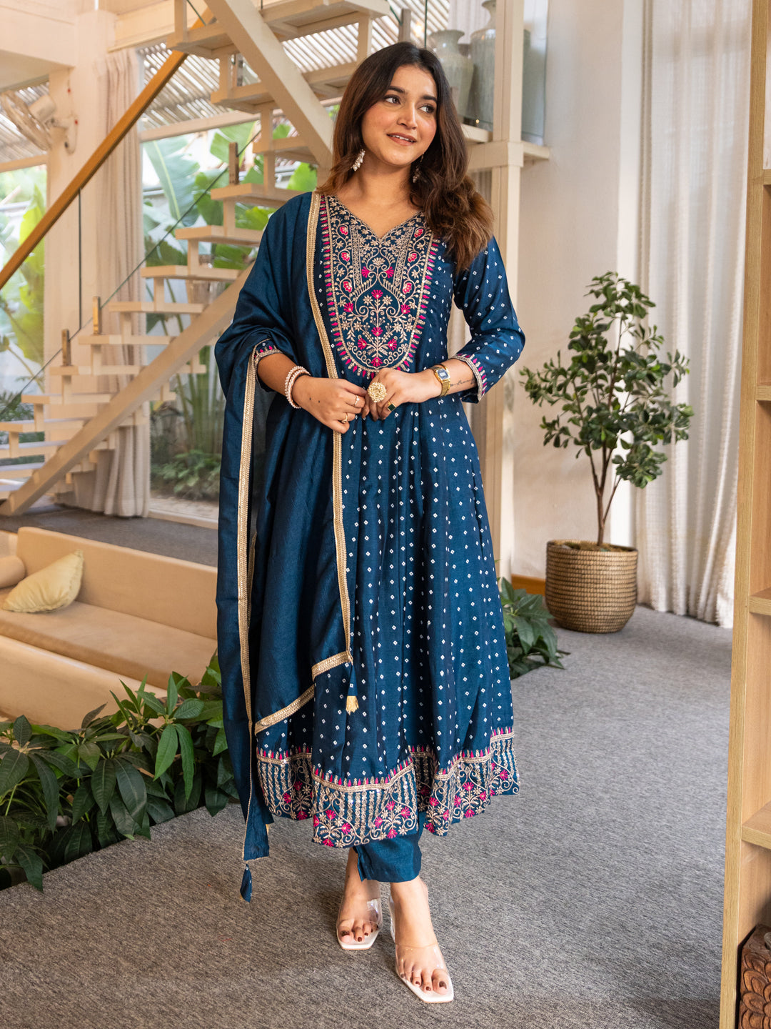 Vinita Silk Blend Anarkali Kurta Set Elegant Readymade Embroidered Fancy Neck Three Quarter Sleeves With Pant Dupatta Set