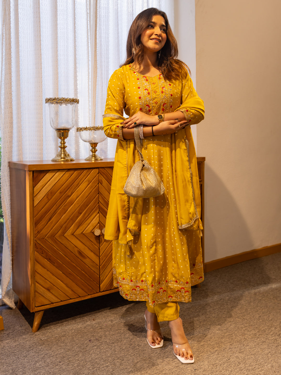 Vinita Silk Blend Anarkali Kurta Set Elegant Readymade Embroidered Fancy Neck Three Quarter Sleeves With Pant Dupatta Set