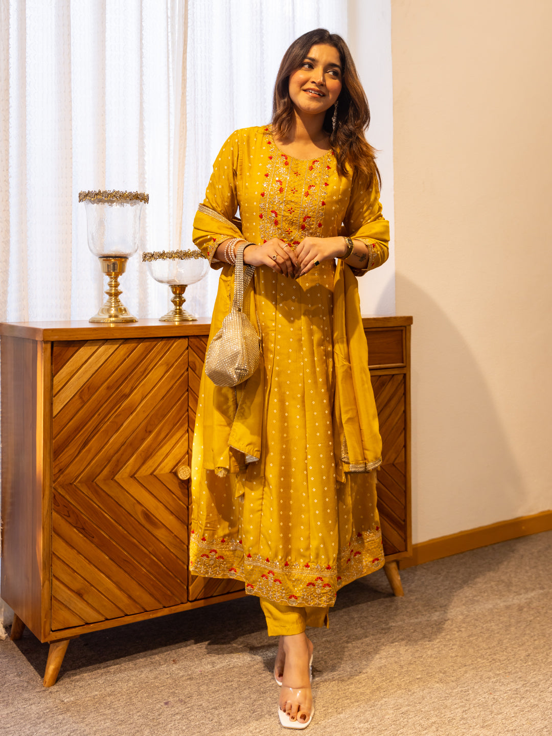 Vinita Silk Blend Anarkali Kurta Set Elegant Readymade Embroidered Fancy Neck Three Quarter Sleeves With Pant Dupatta Set