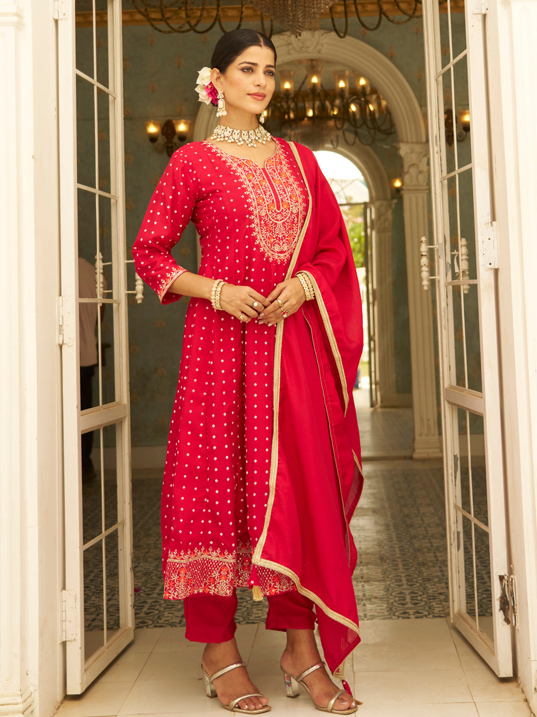 Inaaya Pink Embroidered Anarkali Kurta Set Suits with Silk Dupatta