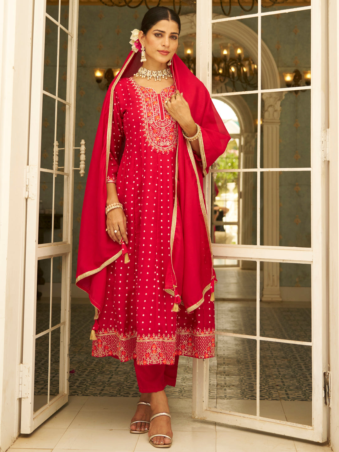 Inaaya Pink Embroidered Anarkali Kurta Set Suits with Silk Dupatta