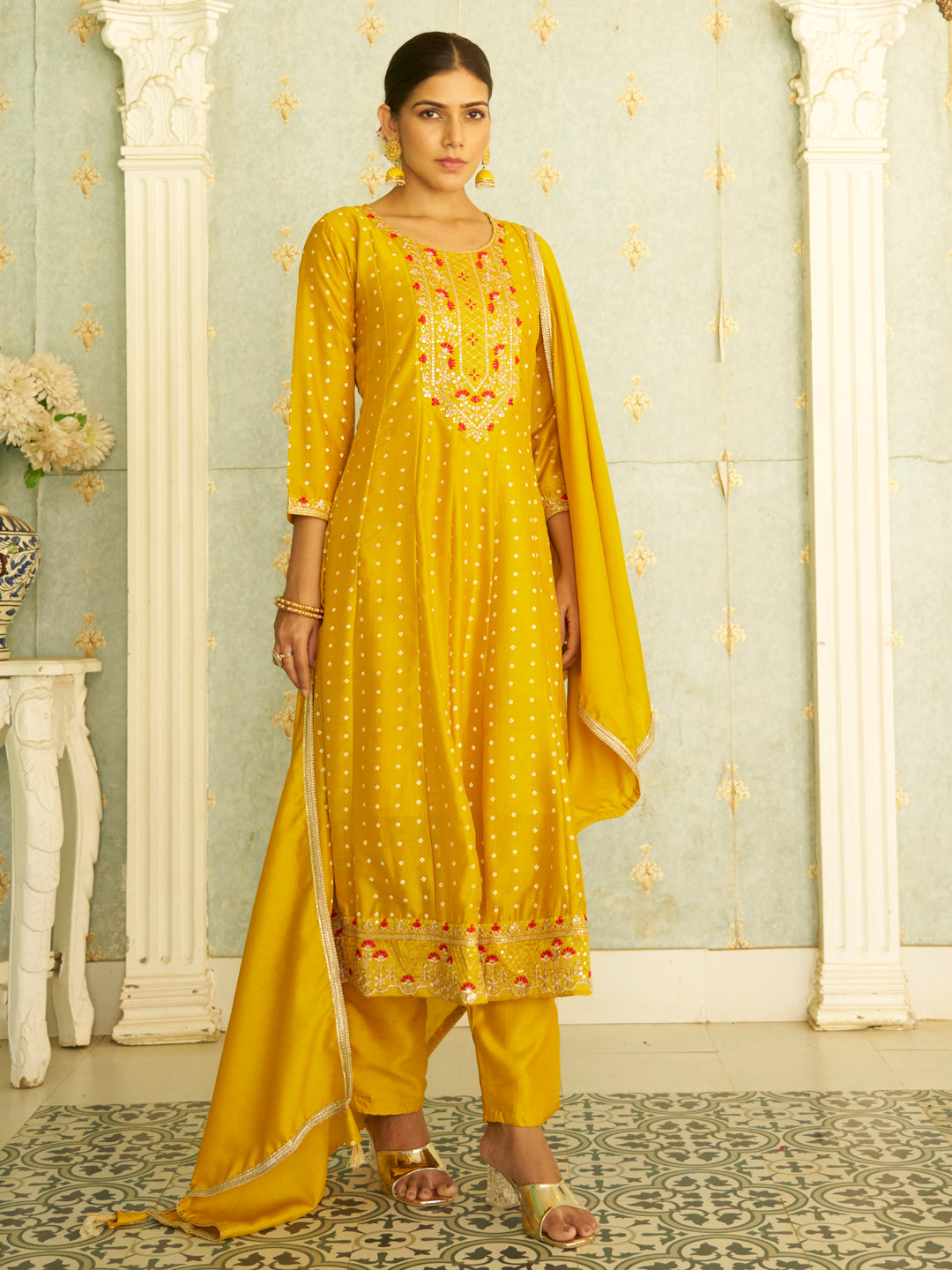 Inaaya Yellow Embroidered Anarkali Kurta Set Suits with Silk Dupatta