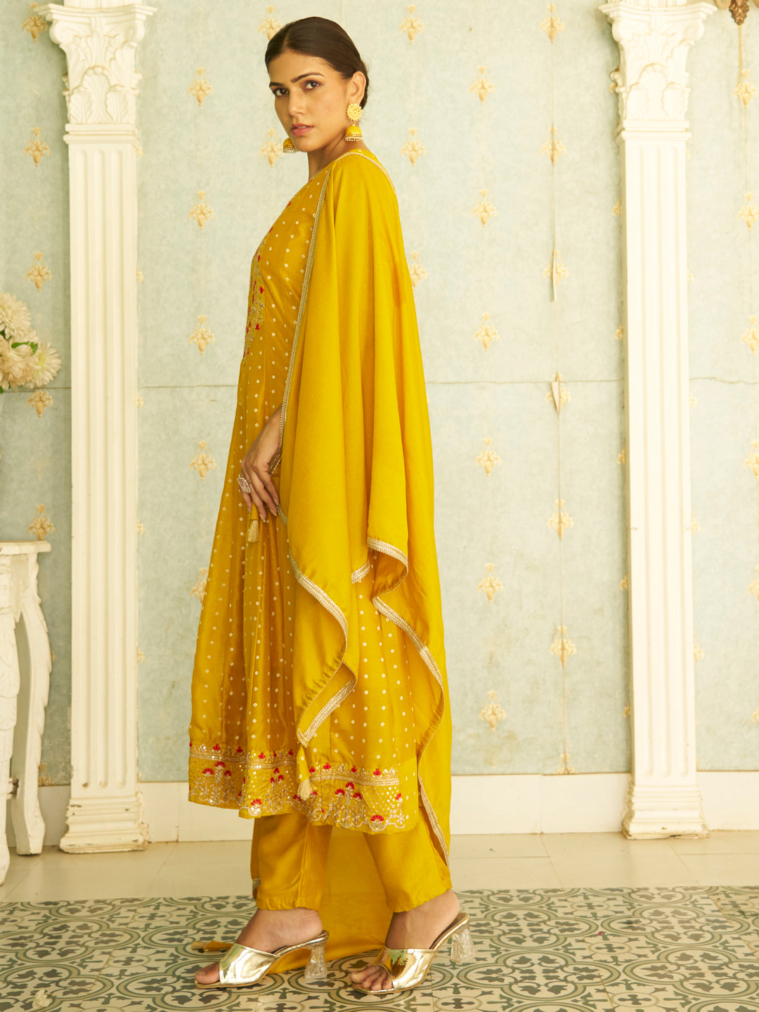 Inaaya Yellow Embroidered Anarkali Kurta Set Suits with Silk Dupatta