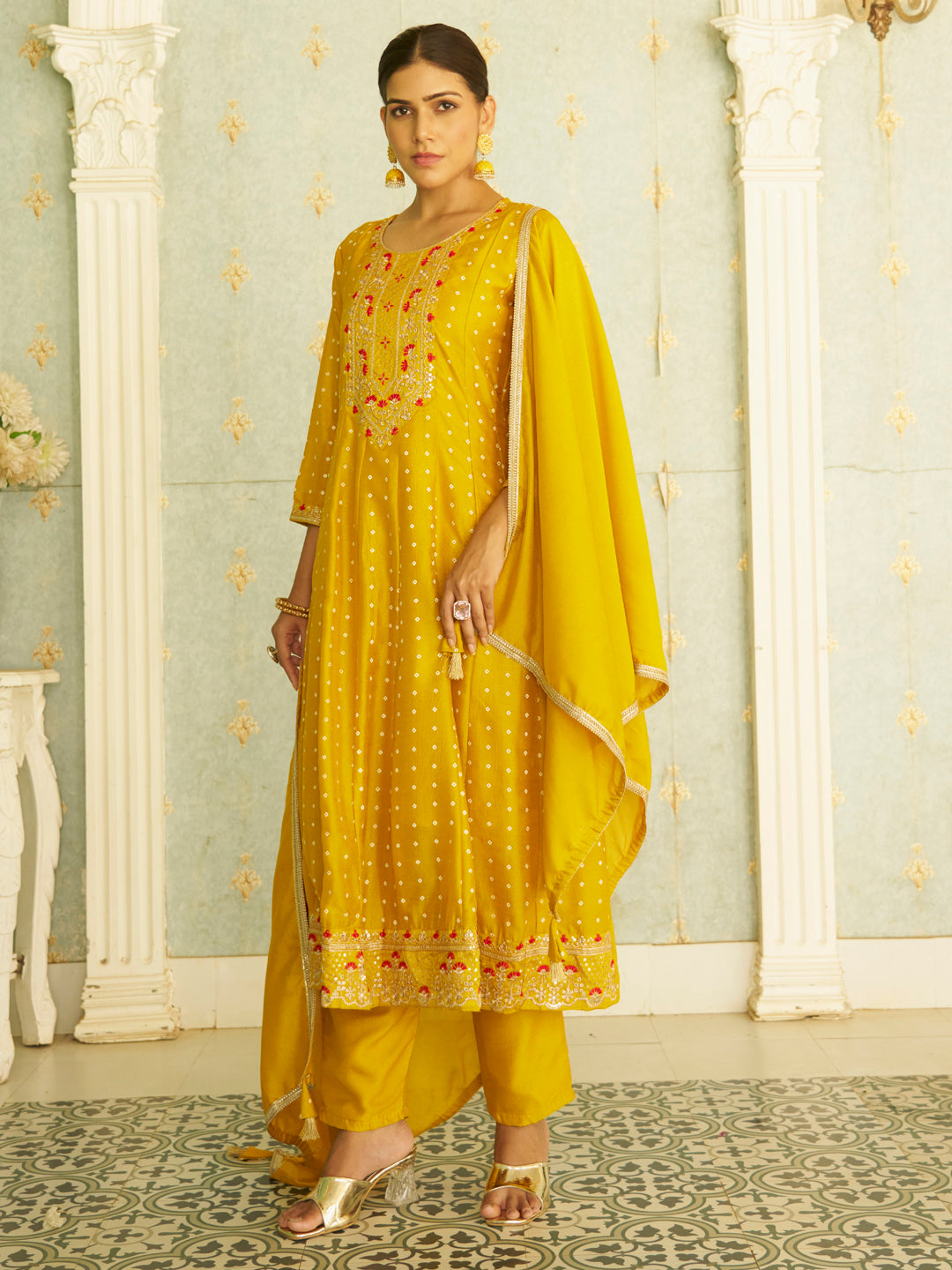 Inaaya Yellow Embroidered Anarkali Kurta Set Suits with Silk Dupatta