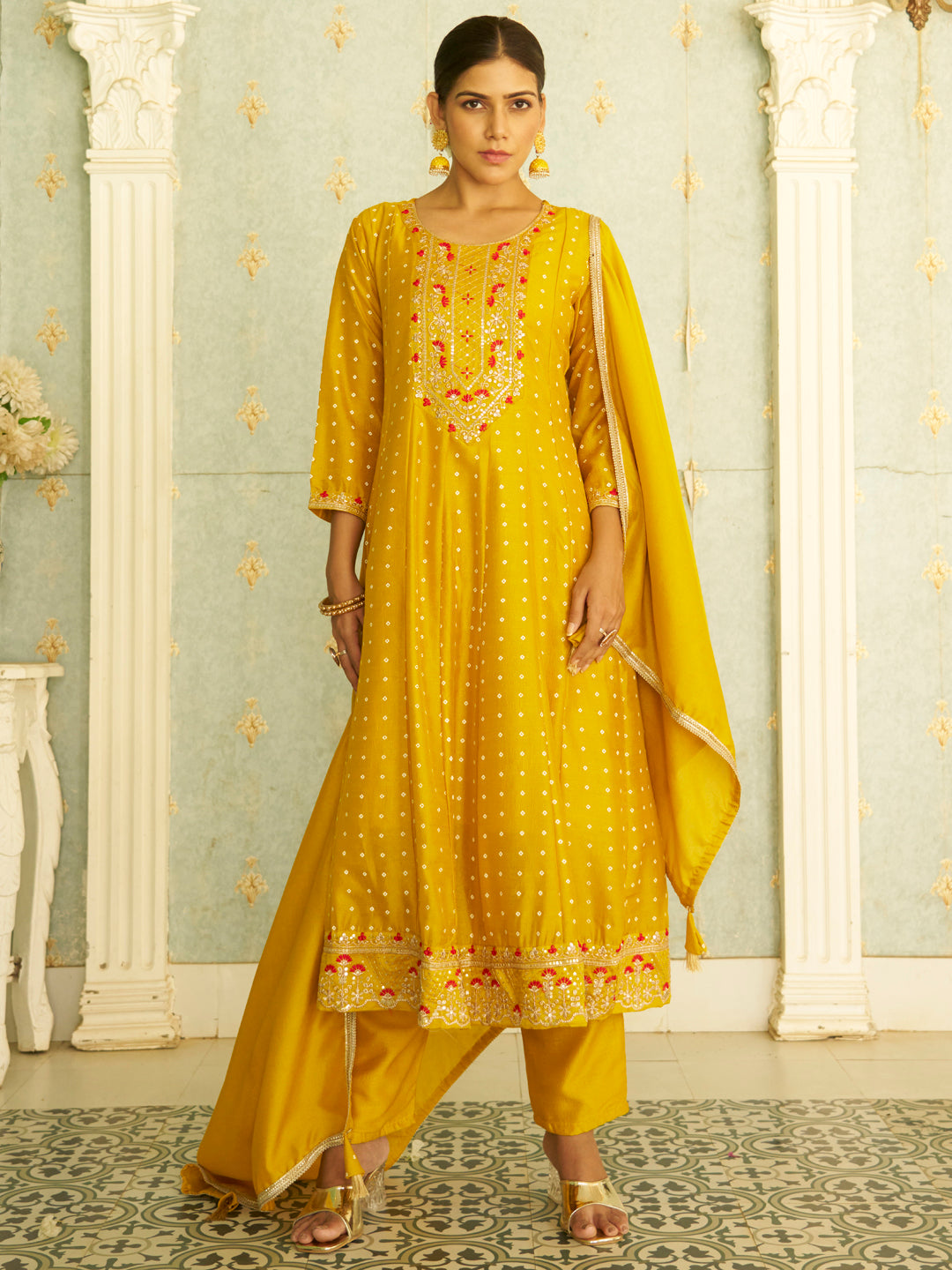 Inaaya Yellow Embroidered Anarkali Kurta Set Suits with Silk Dupatta