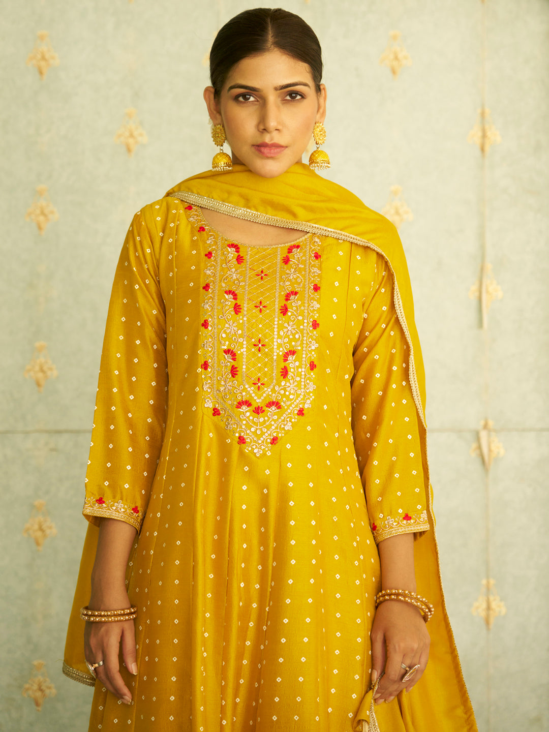 Inaaya Yellow Embroidered Anarkali Kurta Set Suits with Silk Dupatta