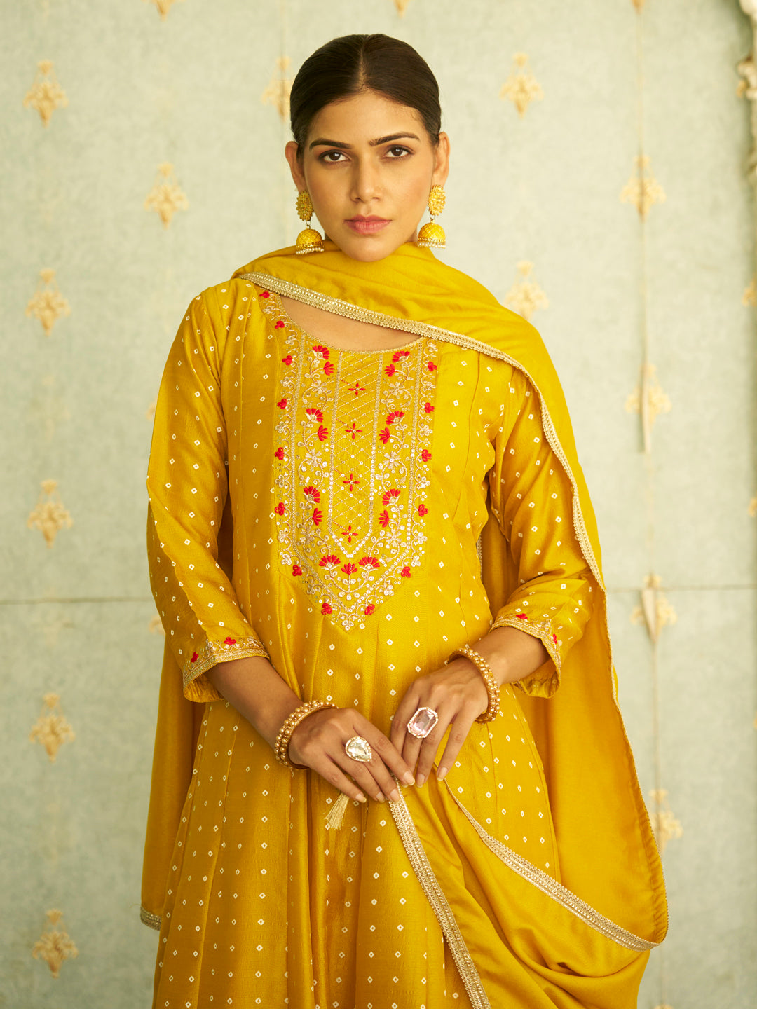 Inaaya Yellow Embroidered Anarkali Kurta Set Suits with Silk Dupatta