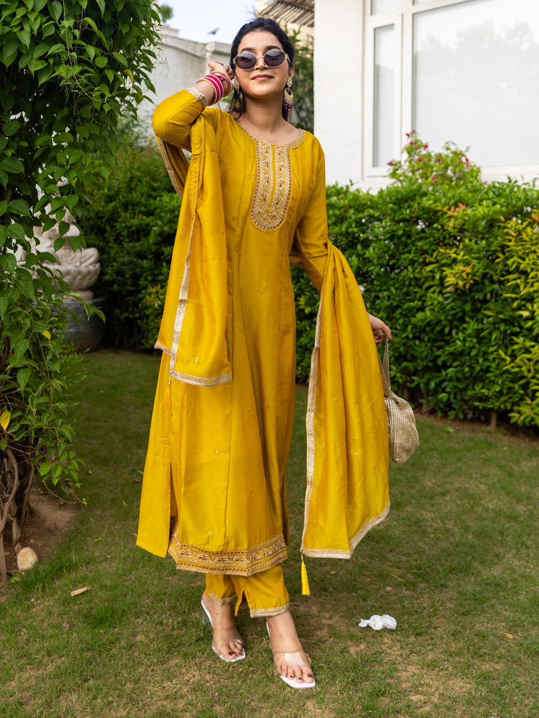 Sumaiya Silk Blend Anarkali Kurta Set with Embroidered Dupatta Elegant Ready to Wear Three Quarter Sleeves Kurta Pant Set