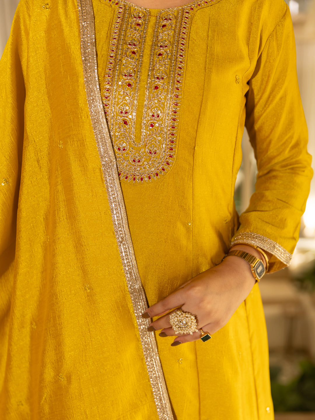 Sumaiya Silk Blend Anarkali Kurta Set with Embroidered Dupatta Elegant Ready to Wear Three Quarter Sleeves Kurta Pant Set
