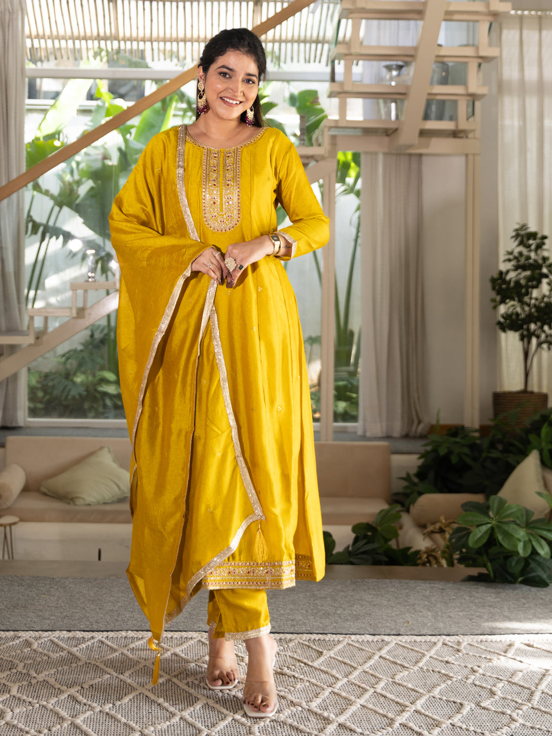 Sumaiya Silk Blend Anarkali Kurta Set with Embroidered Dupatta Elegant Ready to Wear Three Quarter Sleeves Kurta Pant Set